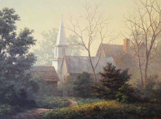 Dalhart Windberg print titled "Dawnlight" featuring a peaceful country church bathed in the soft, golden light of early morning.