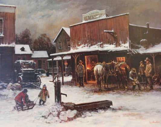 Lajos Markos western art print “December Day” featuring a snowy western town, perfect for rustic and historical western wall art.