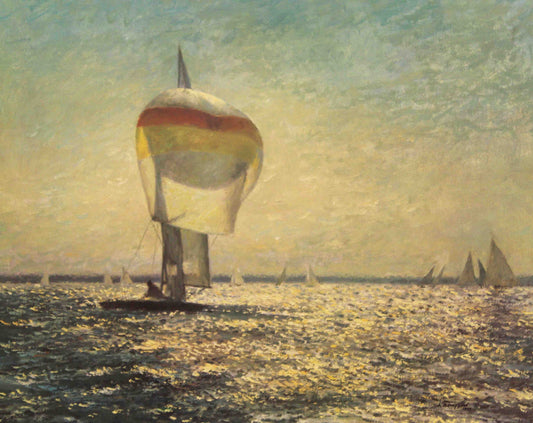 Richard Thompson sailing art print "Downwind" showing sailboats gliding across open water with full sails in a breezy seascape.