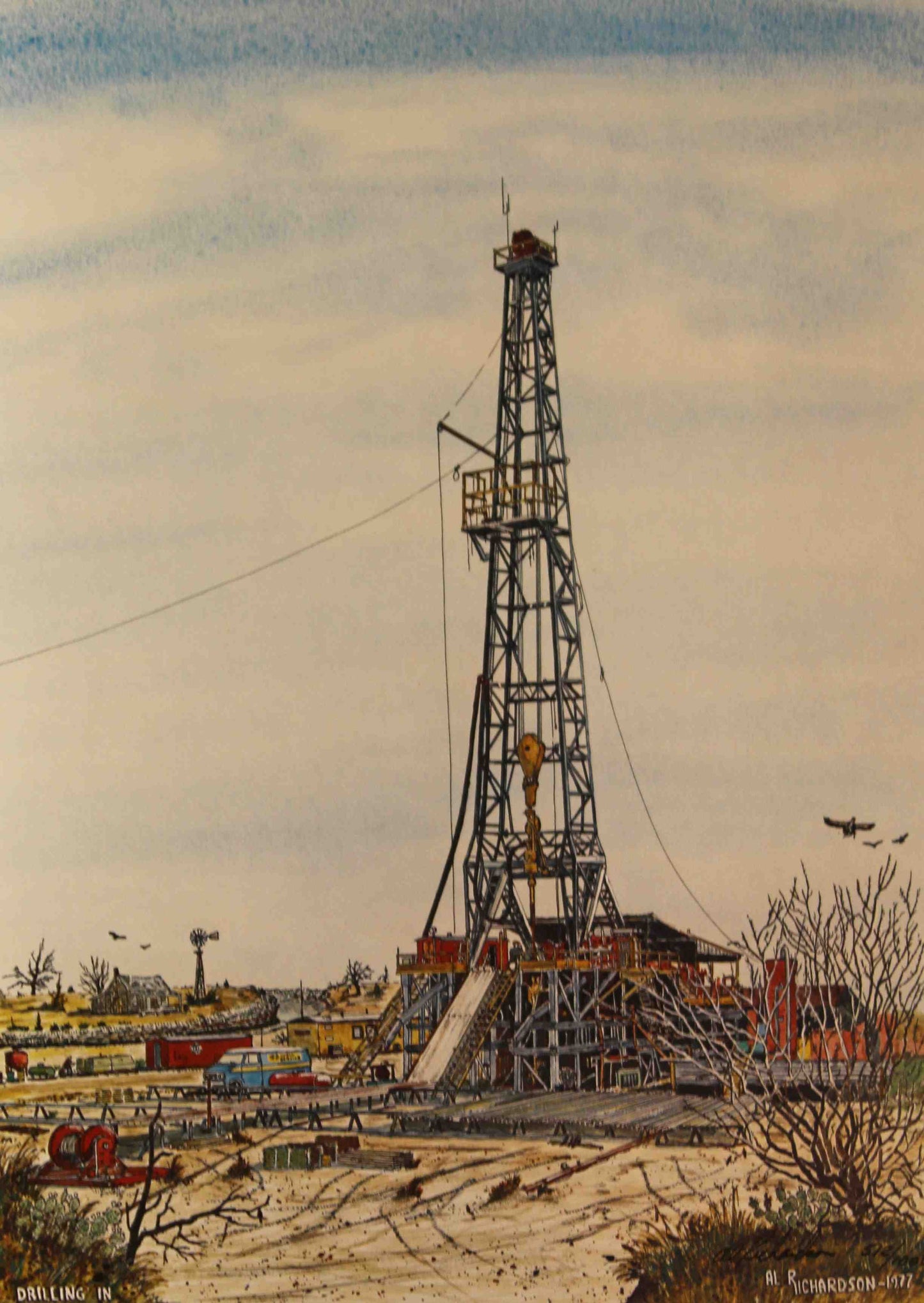 Al Richardson print Drilling in Dry Country showing a lone drilling rig operating in an arid, dusty oilfield landscape.