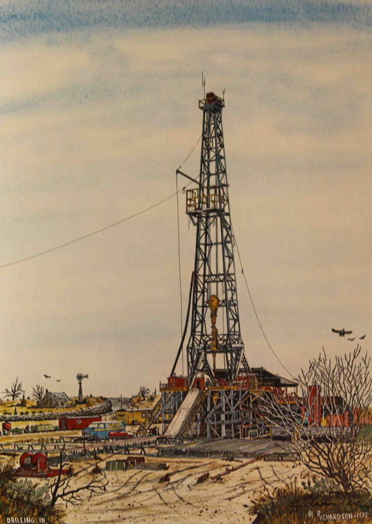 Al Richardson print Drilling in Dry Country showing a lone drilling rig operating in an arid, dusty oilfield landscape.
