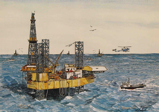 Al Richardson print titled "Drilling in the Gulf" depicting a jackup rig operating in the Gulf of Mexico, showcasing the scale and strength of offshore oil exploration.