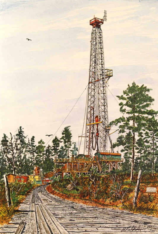 Al Richardson print “Drilling in the Piney Woods” showing a drilling rig among tall East Texas pine trees, vintage oilfield fine art.