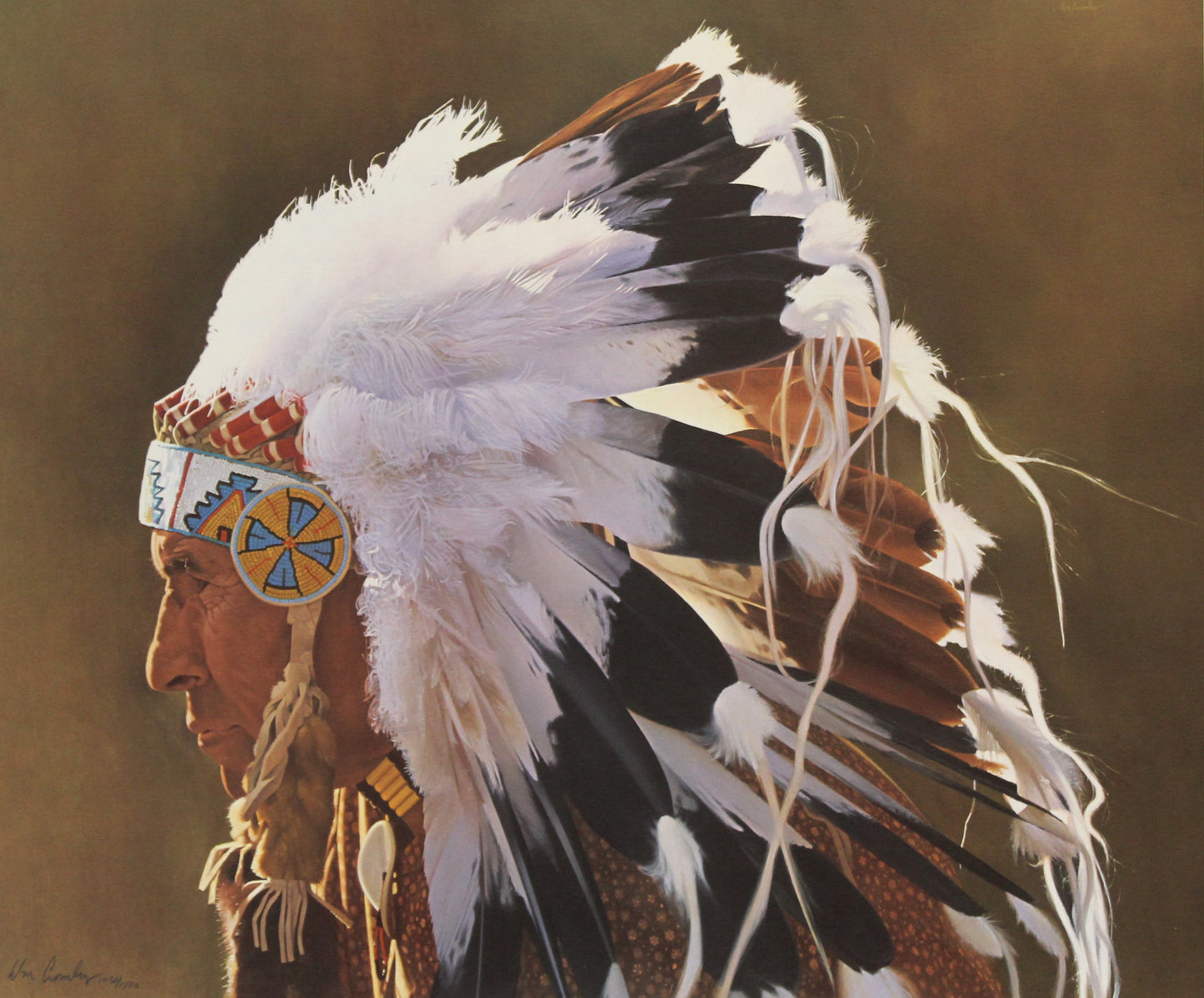 Donald Crowley print "Eagle Feathers" featuring a young Native American woman wearing traditional dress and eagle feathers in a contemplative pose.