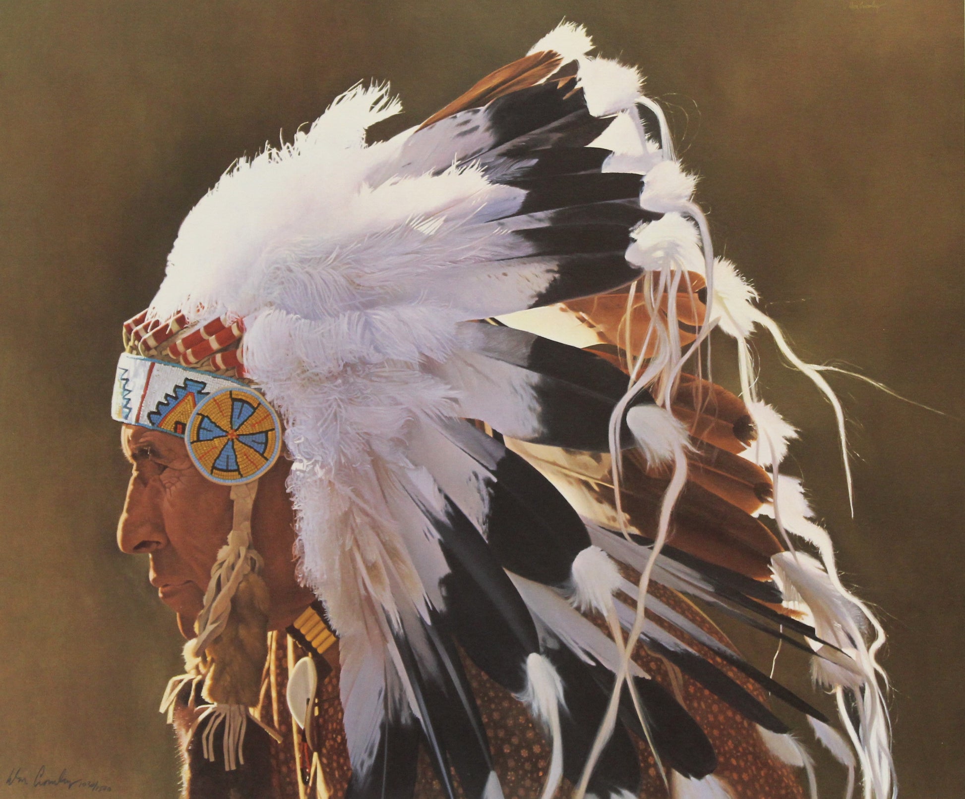 Donald Crowley print "Eagle Feathers" featuring a young Native American woman wearing traditional dress and eagle feathers in a contemplative pose.