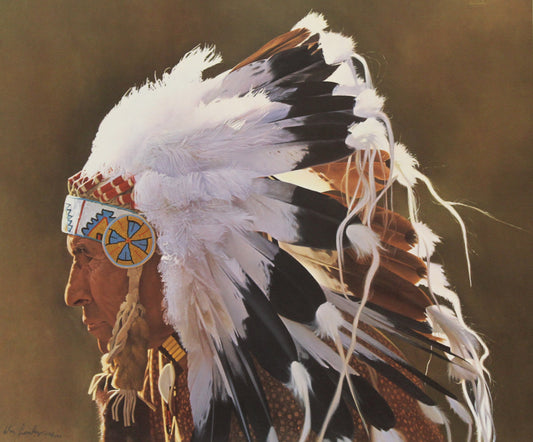 Donald Crowley print "Eagle Feathers" featuring a young Native American woman wearing traditional dress and eagle feathers in a contemplative pose.