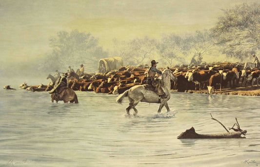 Mort Künstler print "Early Crossing" depicting a group of cowboys crossing a river with their herd at sunrise in a misty Western landscape.