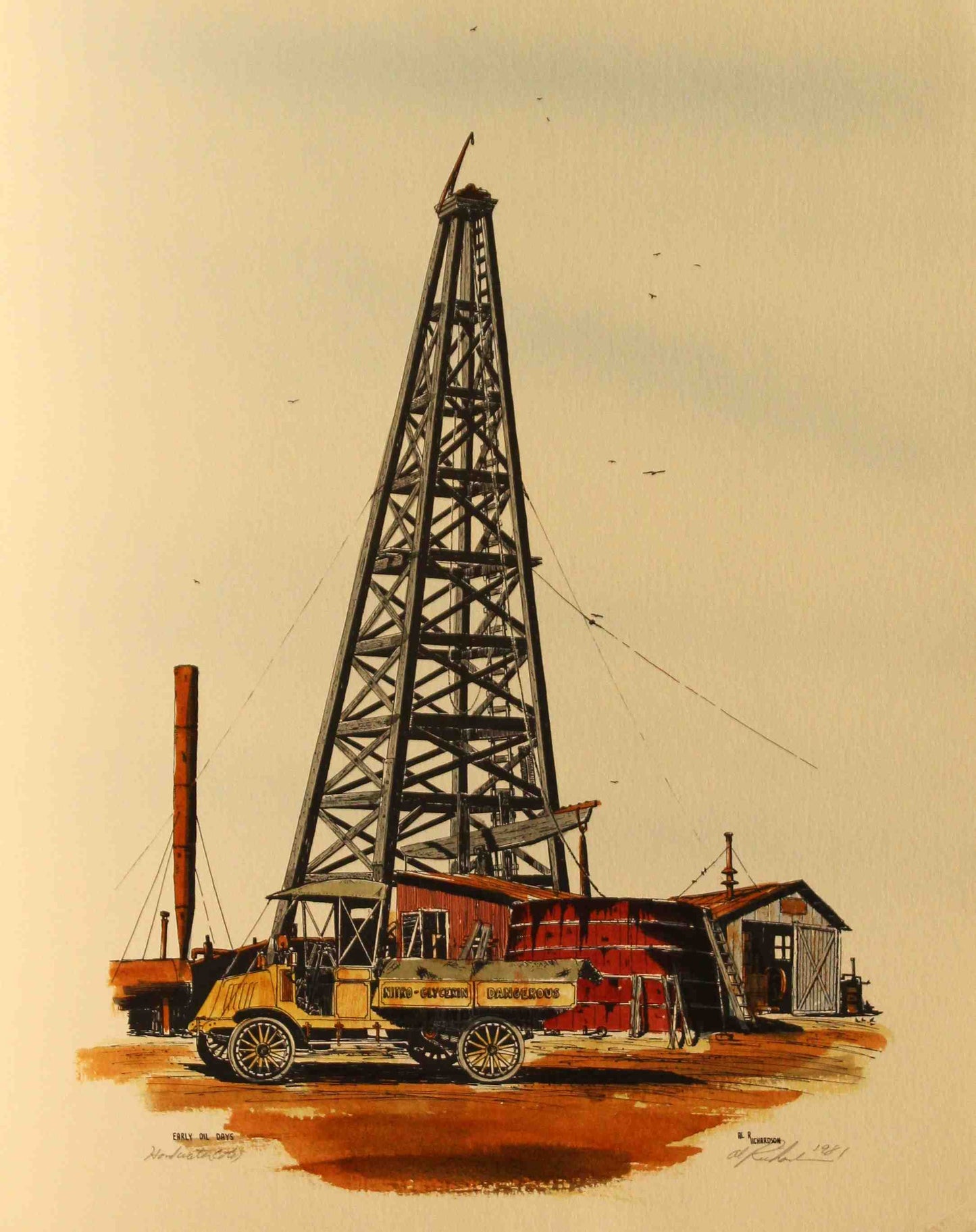 Al Richardson print titled "Early Oil Days" featuring a tall wooden oil derrick in a rustic setting, capturing the pioneering spirit of the early American oil industry.