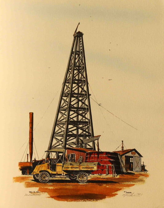 Al Richardson print titled "Early Oil Days" featuring a tall wooden oil derrick in a rustic setting, capturing the pioneering spirit of the early American oil industry.