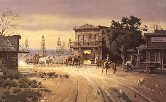 James Boren fine art print Early Texas Oil showing historic wooden oil derricks and workers in a Texas oilfield.