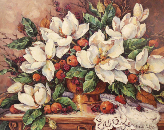 Barbara Mock print Enduring Riches depicting a lush floral arrangement with rich colors, antique books, and elegant decorative accents in a classic still life setting.