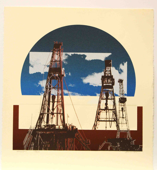 Marion Ford print Energizers depicting multiple active oilfield drilling rigs with a dramatic industrial backdrop.