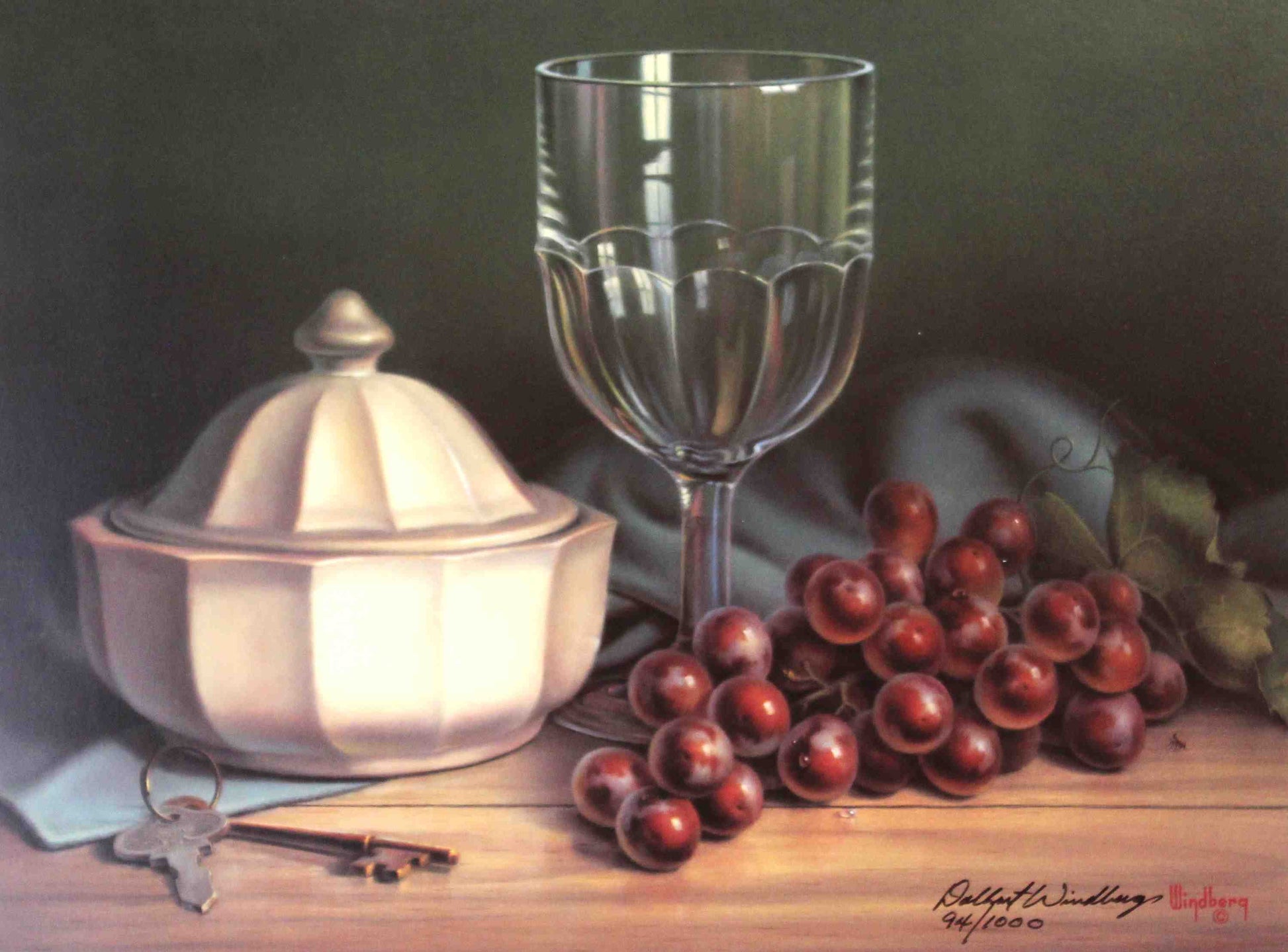 Pair of still life prints by Dalhart Windberg titled "Morning Delight" and "Evening Treat," featuring elegantly arranged food and table settings in morning and evening light.