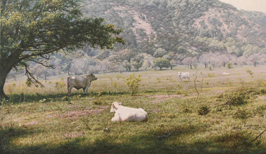 Larry Dyke print "Ezekiel 34:15" showing cattle resting in a peaceful, sunlit pasture surrounded by gentle hills and trees, inspired by the biblical promise of care and rest.