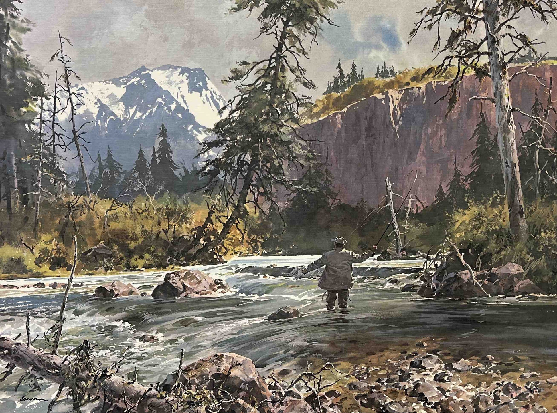 “Fast Water” by John Cowan – anglers casting into swift, moving water, vibrant depiction of fishing action in Texas sporting art style.