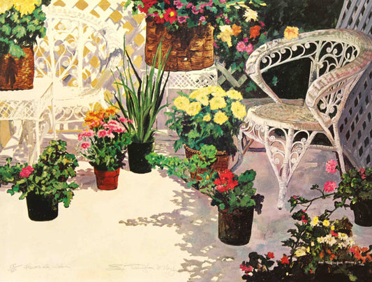 Sue Turbingham McNary art print "Flowers and Wicker" featuring colorful flowers with wicker furniture set against a soft-toned background.