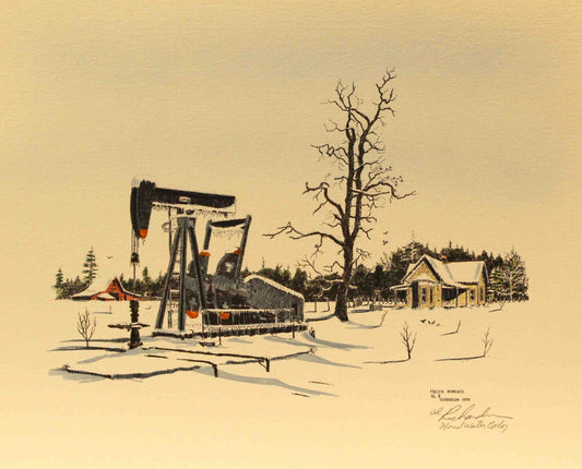 Al Richardson print titled "Frozen Moments" showing a pumpjack in a snow-covered oilfield, capturing the stillness and resilience of winter in the oil patch.