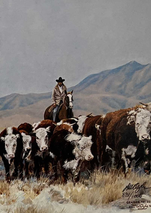 Larry Dyke print of cowboys herding cattle.