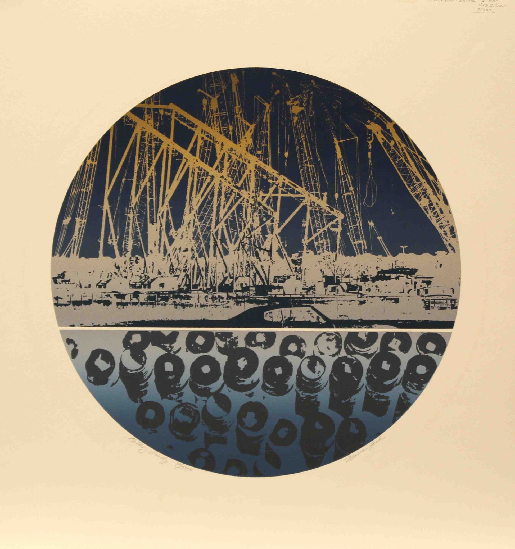 Marion Ford print Getting Ready showing workers and equipment constructing an offshore oil platform.