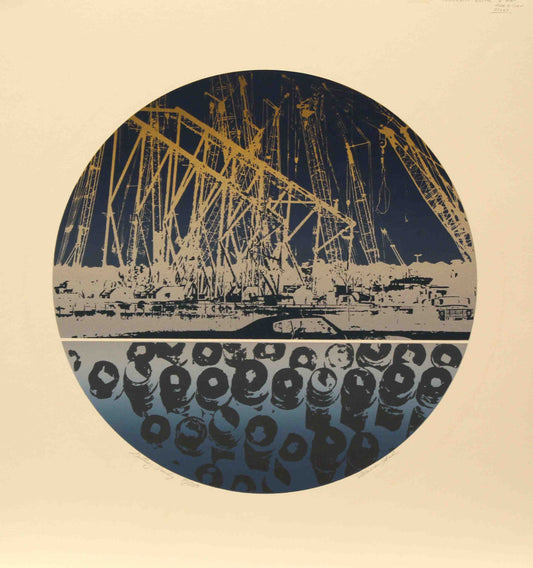 Marion Ford print Getting Ready showing workers and equipment constructing an offshore oil platform.