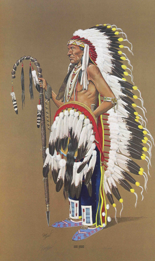 Randy Steffen western art print “Goes Ahead” featuring a Native American war chief in full regalia, ideal for western wall art.