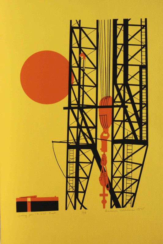 Barbara Williams print "Going for 12,600ft" featuring a drilling rig representing deep oilfield exploration.