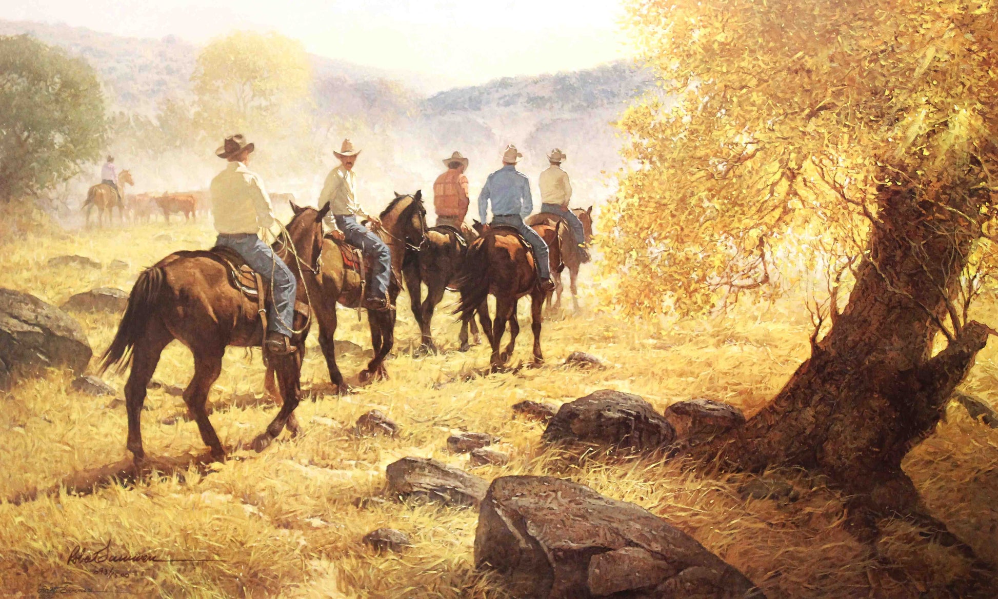 Robert Summers print of a golden sunrise over a peaceful Western landscape, reflecting the calm and beauty of a new day.