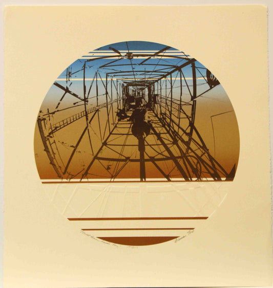 Marion Ford print He Sat Down Beside Her showing a traveling block descending inside a drilling derrick, resembling a spider in a web.