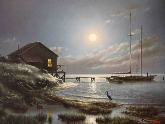 Dalhart Windberg print “Hidden Cove” showing a peaceful coastal inlet with calm waters, rocky cliffs, and surrounding greenery.