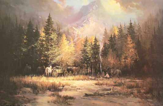 High Country Cow Camp by Robert Wagoner showing cowboys in a mountain camp with horses and snowy peaks in the background.