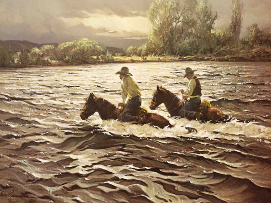 High Water Crossing by Robert Summers showing cowboys and horses crossing a rushing stream in rugged Western terrain.