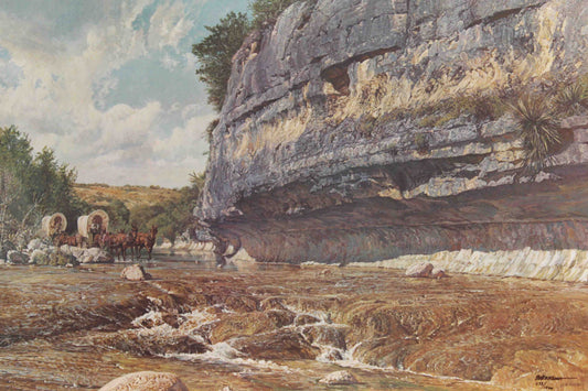 Bob Wygant western art print “Hill Country Crossing” featuring covered wagons crossing a river in the Texas Hill Country, ideal for western wall art.
