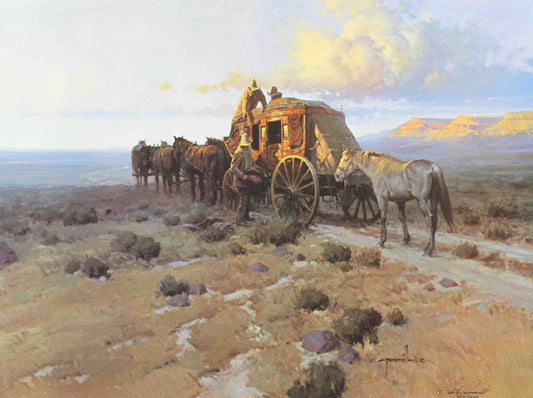 Western art print “Hitchin’ a Ride” by Robert Pummill showing a lone cowboy climbing aboard a moving stagecoach in a rugged frontier landscape.