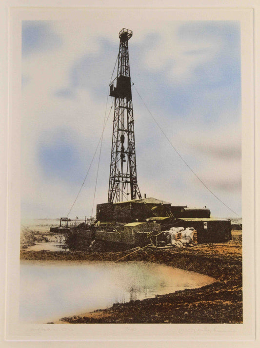 Jerry Eubanks print Hole in One showing a towering drilling rig in a wide-open oilfield landscape.