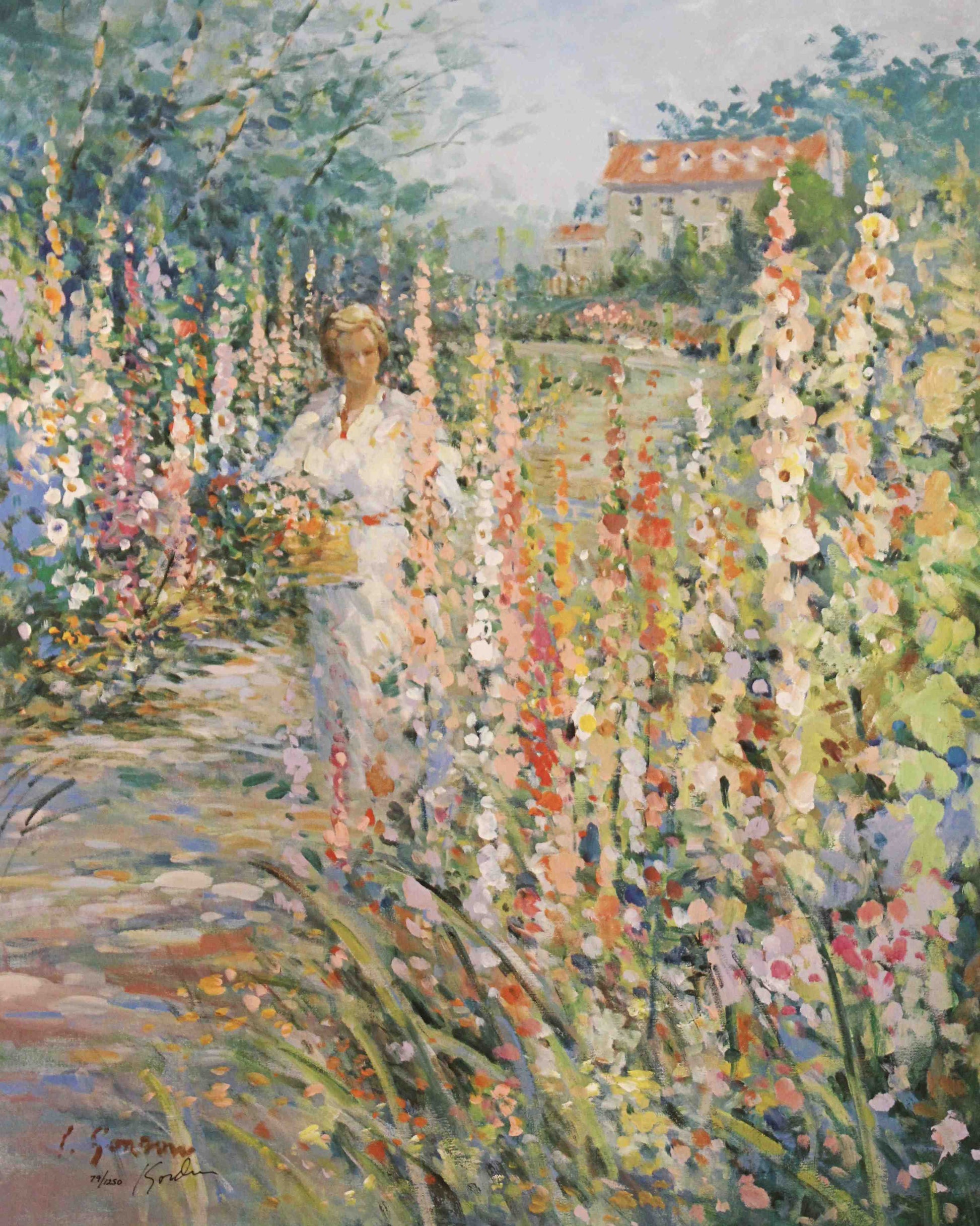 L. Gordon print Hollyhocks featuring tall, blooming hollyhock flowers in a soft, serene garden setting. Excuted in the impressionist style.