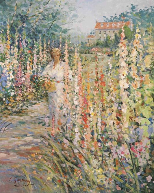 L. Gordon print Hollyhocks featuring tall, blooming hollyhock flowers in a soft, serene garden setting.