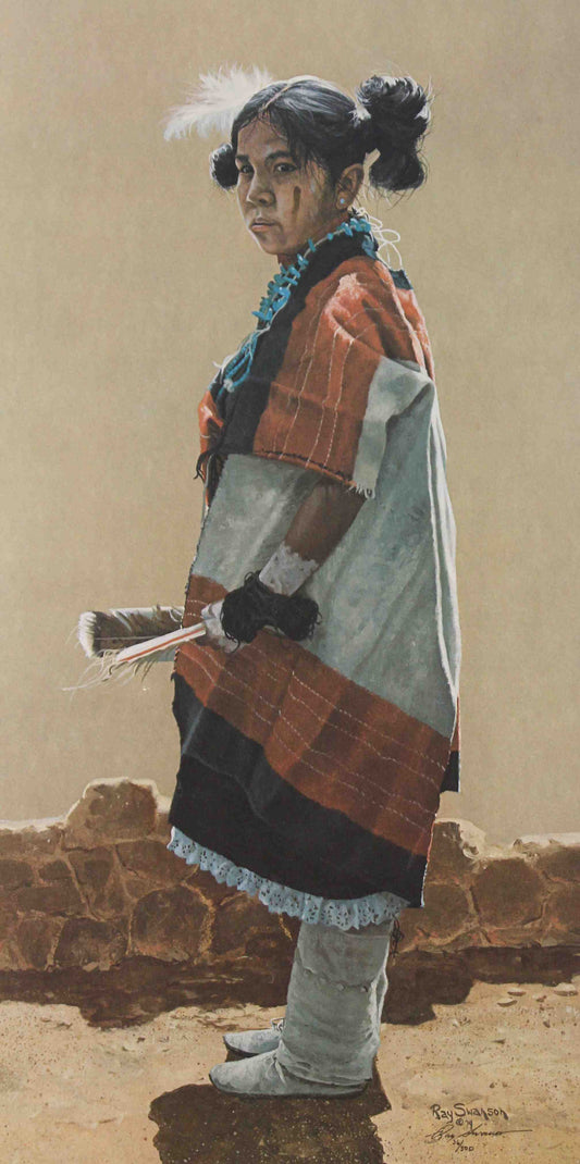 Ray Swanson art print “Hopi Daughter” featuring a young Hopi girl in traditional dress with a serene, thoughtful expression.