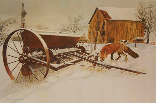 John Pototschnik print “Hungrily Seeking” showing a red fox hunting near abandoned farm equipment and an old barn with a distant drilling rig in the background.