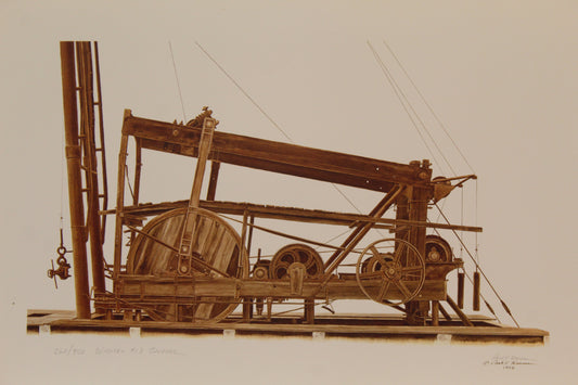 Paul Hansen print WichTex #18 Spudder depicting a vintage well spudding machine in a historic oilfield setting.