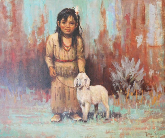 “TAWICU TECA” by Bill Tipton – young Native American girl in traditional attire standing beside a lamb.