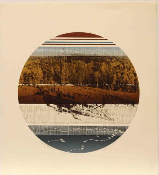 Marion Ford print In the Marsh showing a barge-mounted drilling rig operating in a quiet coastal marshland.