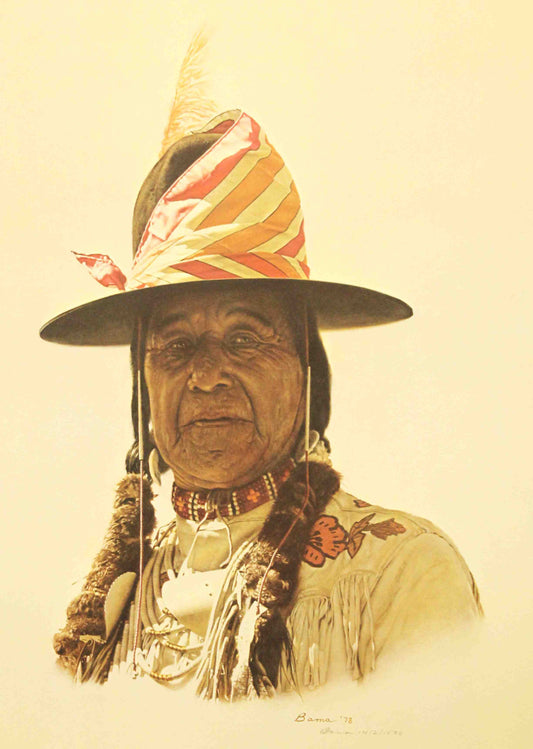 Indian at Crow Fair by James Bama featuring a Native American man in traditional regalia at the Crow Fair.
