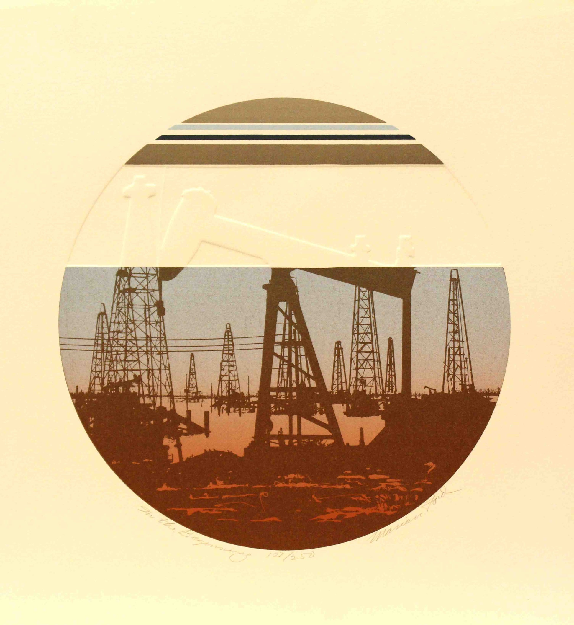 Marion Ford print In the Beginning showing an active early oilfield with wooden derricks, steam equipment, and workers.