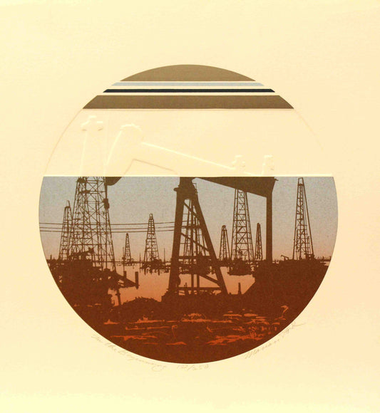 Marion Ford print In the Beginning showing an active early oilfield with wooden derricks, steam equipment, and workers.