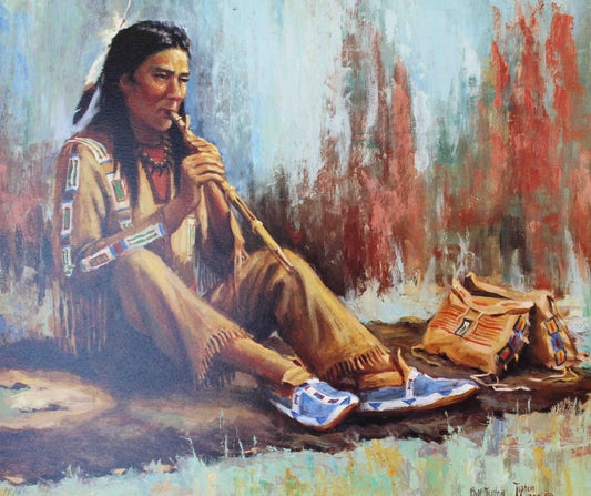 Bill Tipton’s “IYE” – young Native American boy in traditional attire playing a flute.