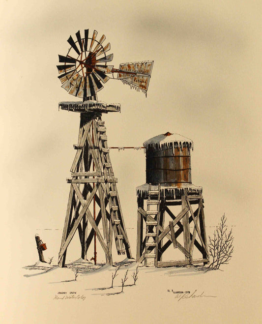 Al Richardson print titled "January Snow" featuring a pumpjack in a snowy oilfield landscape, reflecting the quiet strength of winter in the oil patch.