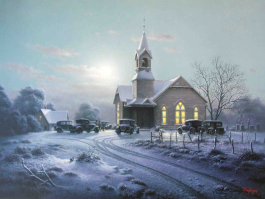 Dalhart Windberg print titled "Joyous Evensong" featuring a peaceful rural church at twilight with soft snowy evening light and tranquil atmosphere.