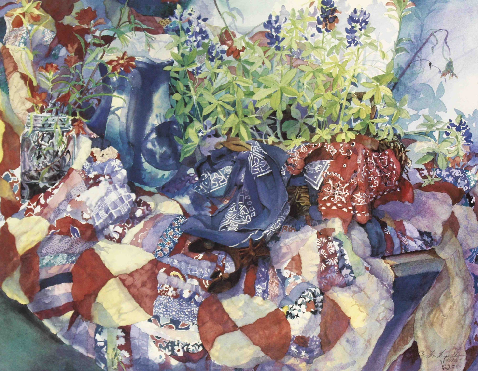Karen Vernon Flowers and Quilt floral art print – elegant flower prints for wall décor