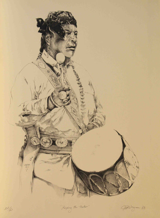Robert Wagoner print "Keeping the Meter" depicting a Native American drummer in traditional attire performing a ceremonial rhythm.