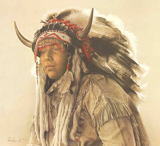 James Bama print "Ken Blackbird – An Assiniboin Sioux" featuring a detailed portrait of a Native American man in traditional attire.